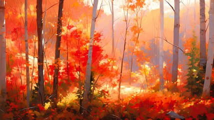 Obraz na płótnie Canvas 紅葉の背景、木々が赤く色付く秋の風景のイラスト