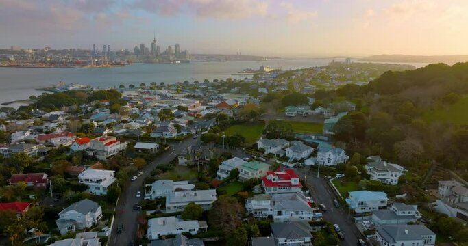 Aerial: Suburb of Devonport at sunset, Auckland, New Zealand