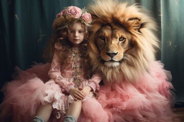 Portrait of a little girl with her pet lion. Kids room decoration, strength, friendship concept. AI generative, illustration