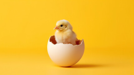 small yellow chicken in a shell on a yellow background. postcard with copy space, easter concept.  - obrazy, fototapety, plakaty