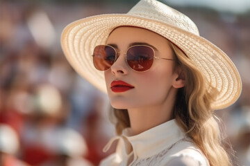 young beautiful woman in glasses and a hat and a white dress with strawberries at a tennis tournament on a sunny day. Strawberries are the food symbol of the Wimbledon Grand Slam competitions.