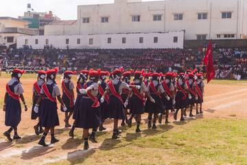 Mudigere, India - 15th August 2023: Students Parade on the occasion of Independence Day.