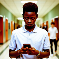 African American male student stops to read his cell phone in busy school hallway social media addiction