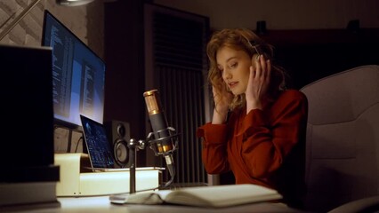 Positive woman dj wearing professional headphones and started recording podcast