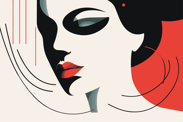 The abstract woman's face is drawn with colorful circles and spots, in the style of futuristic retro.