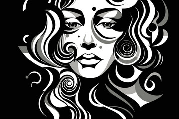 geometric female face on a black background, in the style of spirals and curves, indian pop culture. Black and white portrait, wavy, bold lithography.