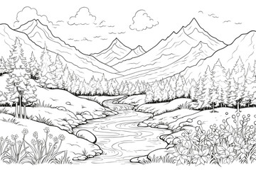 Simple black and white sketch of a mountain river against the backdrop of mountains