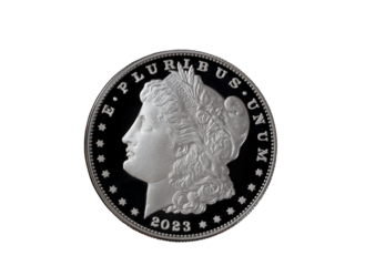 2023 Obverse side of Morgan silver dollar in reverse proof format on transparent background 