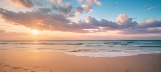 Naklejka na ściany i meble 青空とオレンジ色の夕焼けがグラデーションするビーチの美しい風景