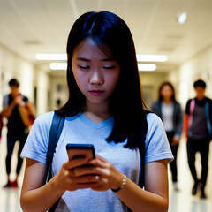 Asian American female student stops to read cell phone in busy school hallway social media addiction