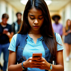 African American female student stops to read cell phone in busy school hallway social media addiction