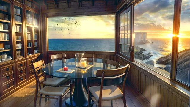Beautiful sunset fantasy landscape seen in the living room. Illustration of panoramic sunset in the house. Seamless looping virtual video background