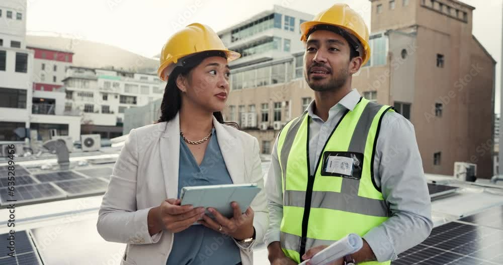 Poster People, architect and tablet pointing on rooftop in planning, building inspection or construction together on site. Man and woman or engineering team with technology in project or city architecture