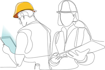 Continuous one line drawing of Industry maintenance engineer woman wearing uniform and safety helmet under inspection by tablet. Minimal outline concept