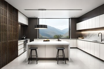 White kitchen interior with panoramic windows, concrete floor and marble bar stand. 3d rendering