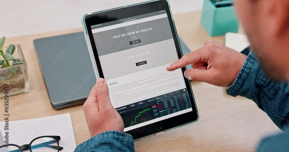 Poster business person, hands and tablet for stock market website, trading information and news or registra