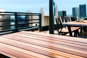 Obraz premium Close up of wooden table in rooftop restaurant isolated on blurry city landscape. Side view