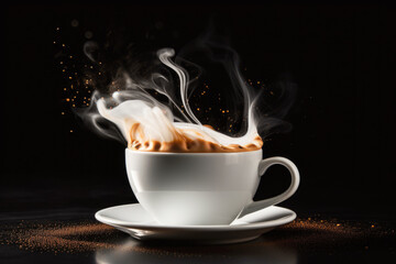 A white coffee cup and saucer on a black background. The cup is filled with coffee and there is a splash of coffee coming out of the cup. The coffee is steaming and the steam is visible above the cup