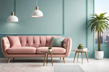 Aloe in pink pot on wooden table in pastel apartment interior with plants and armchair beside sofa with pillows. Copy space. Template
