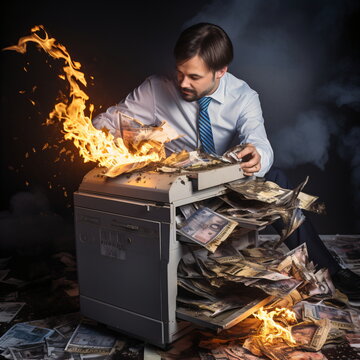 Hombre de negocios revisa el dinero quemarse en la fotocopiadora MFP