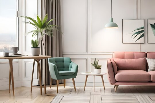Aloe in pink pot on wooden table in pastel apartment interior with plants and armchair beside sofa with pillows. Copy space.
