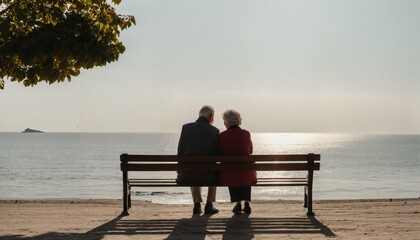 Naklejka na ściany i meble Elderly couple in love sitting on bench facing the sea