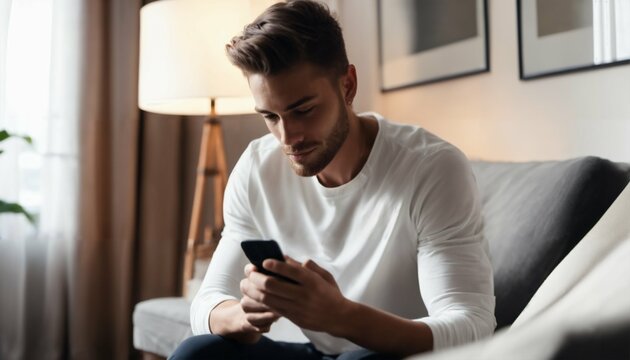 Handsome Young Man Texting On Iphone With Blank White Screen At Home