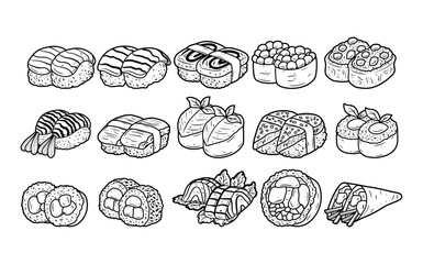 Japanese sushi food element outline sketch collection