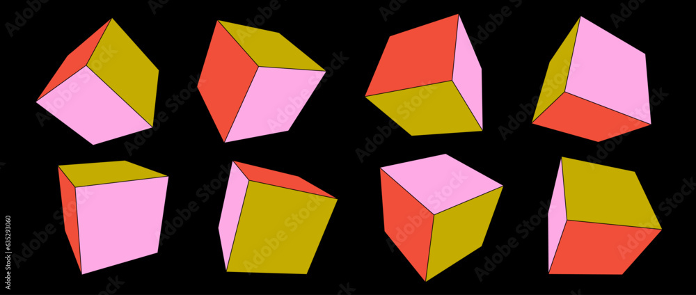 Poster colorful 3d cube set. neon color geometric boxes in different perspective, angles and positions. yel