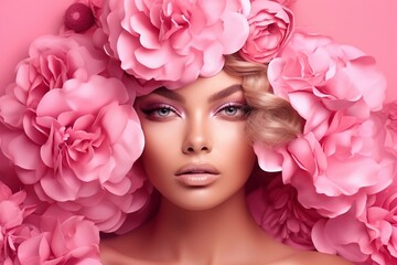 An abstract portrait of a woman with flowers over her head against a colorful background, Generative Ai