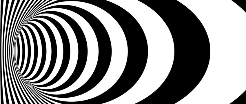 Optical illusion wormhole. Striped geometric infinite tunnel. Black and white abstract hypnotic hole shape. Vector Op art illustration