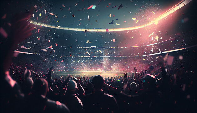 Stadium filled with enthusiastic fans cheering on their favorite team during a sports game with confetti raining down, Ai generated image