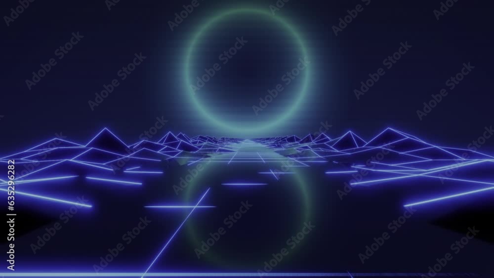 Poster synthwave animated background. 80s wireframe landscape. retro future perspective grid. retrowave sty