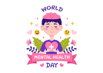 World Mental Health Day Vector Illustration on October 10 with Healthy Problem and Heart in Brain in Flat Cartoon Hand Drawn Background Templates
