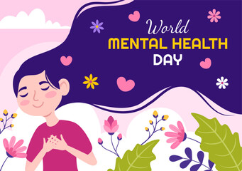 World Mental Health Day Vector Illustration on October 10 with Healthy Problem and Heart in Brain in Flat Cartoon Hand Drawn Background Templates