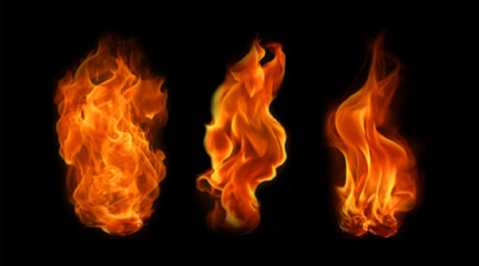 Set of bright burning fire. Vector illustration. Realistic sparkling flames isolated on black backdrop