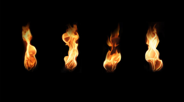 Set of realistic torch flame isolated on black background.  Various vector icons with bright burning fire 