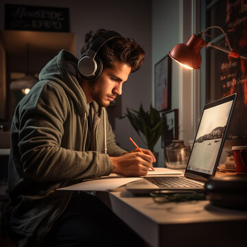 Young man, listening headphones and working at home on a computer under the table light