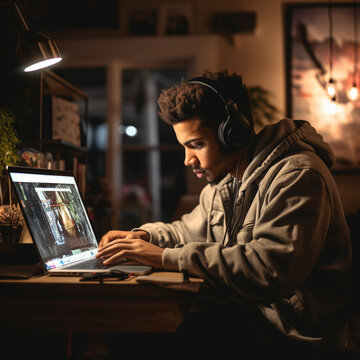 Young Afro-american Man, Listening Headphones And Working At Home On A Computer Under Table Light