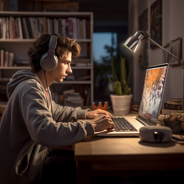 Young caucasian man, listening headphones and working at home on a computer under the table light