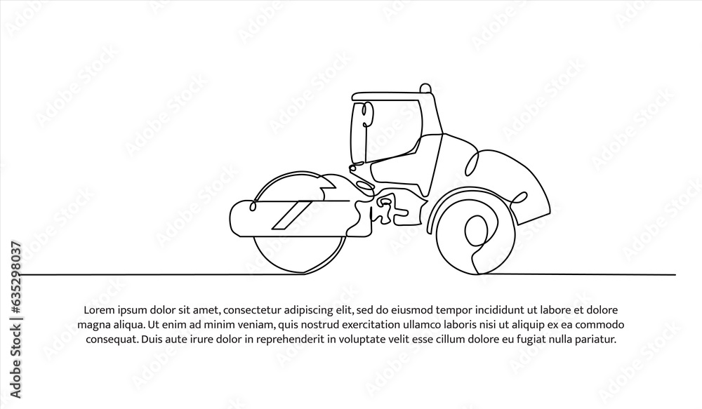 Poster vibro roller one continuous line design. highway compaction vehicle. decorative elements drawn on a 