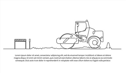 Vibro Roller one continuous line design. Highway compaction vehicle. Decorative elements drawn on a white background.