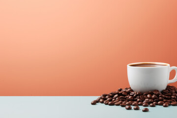 White Cup of Coffee Surrounded by Brown Coffee Beans on Orange Background