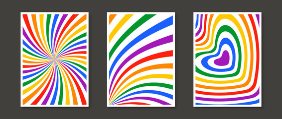 Rainbow sunburst and heart prints design set. Abstract colorful poster collection. Geometric psychedelic wallpapers pack. Pride month and lgbt rights concept templates bundle. Vector illustration