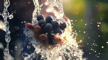 Vineyard harvest. Farmer washing bunch of fresh organic grapes rinsing water from hose, closeup. Water splashes in slow motion, closeup.