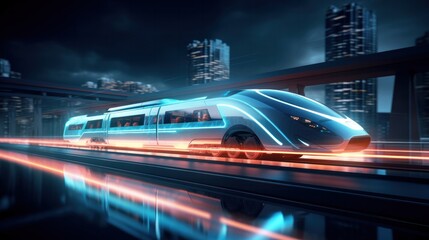 Futuristic train very fast driving. Futuristic city concept.