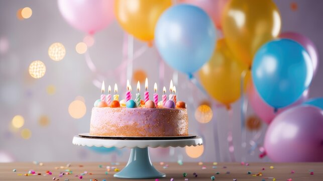 Birthday cake with burning candles and colorful balloons on wooden table, closeup