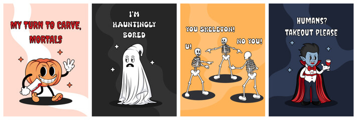 Halloween poster set. Fun cartoon characters with funny inscriptions. Revengeful pumpkin with a cleaver, bored ghost, meme company of skeletons and a mysterious vampire. Vector illustration