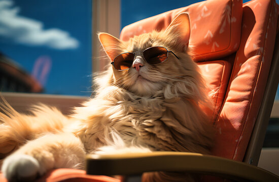 a cat on a lounge chair with sunglasses