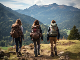 Obraz premium Group hiker walking trekking nature landscape hiking travel mountain group lifestyle tourist.